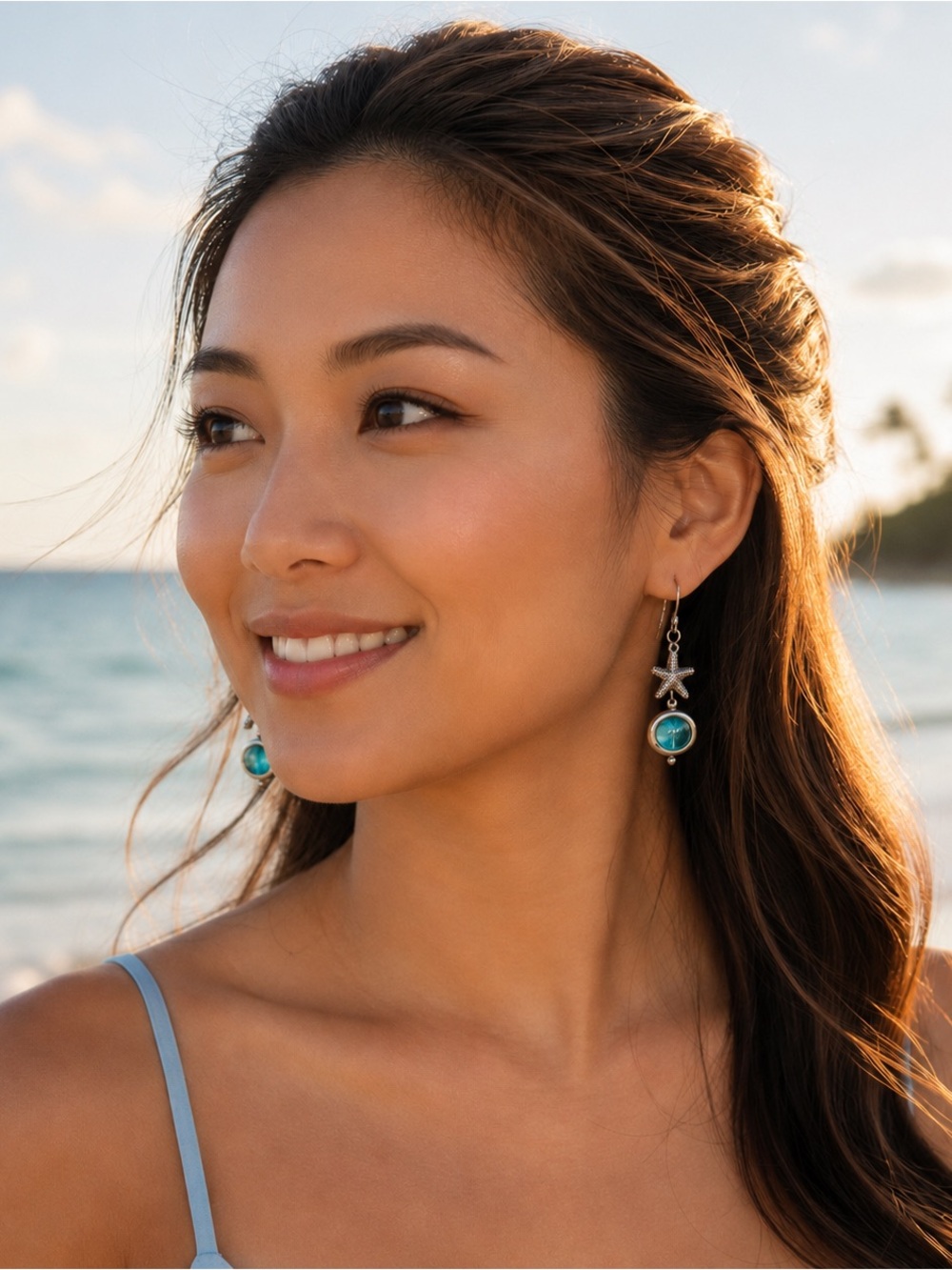 Mermaid eye with starfish earrings.
